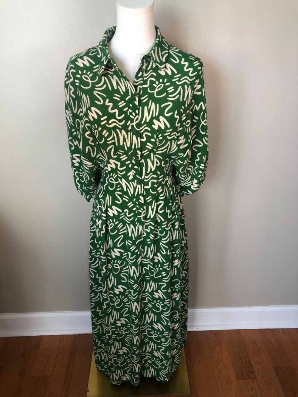 Zara Elora Green Cream Abstract Print Midi Dress Modern Boho Resort Wear Size S